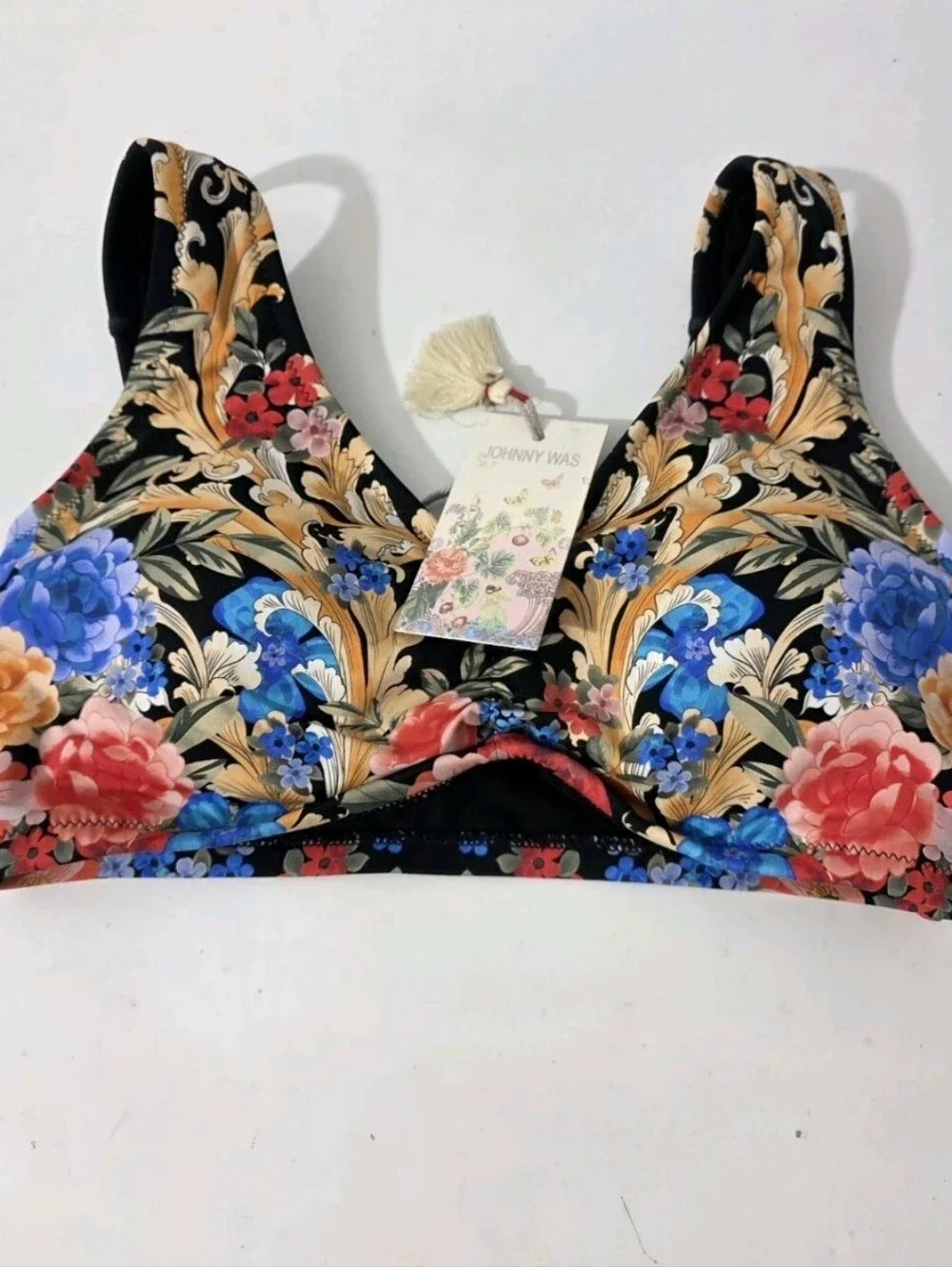 Johnny Was Black Royal Floral Ruched Bikini Top XS